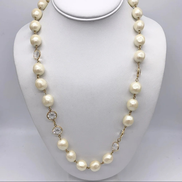 Givenchy Vintage Pearl & Bezel Crystal Station Necklace - Picture 1 of 4